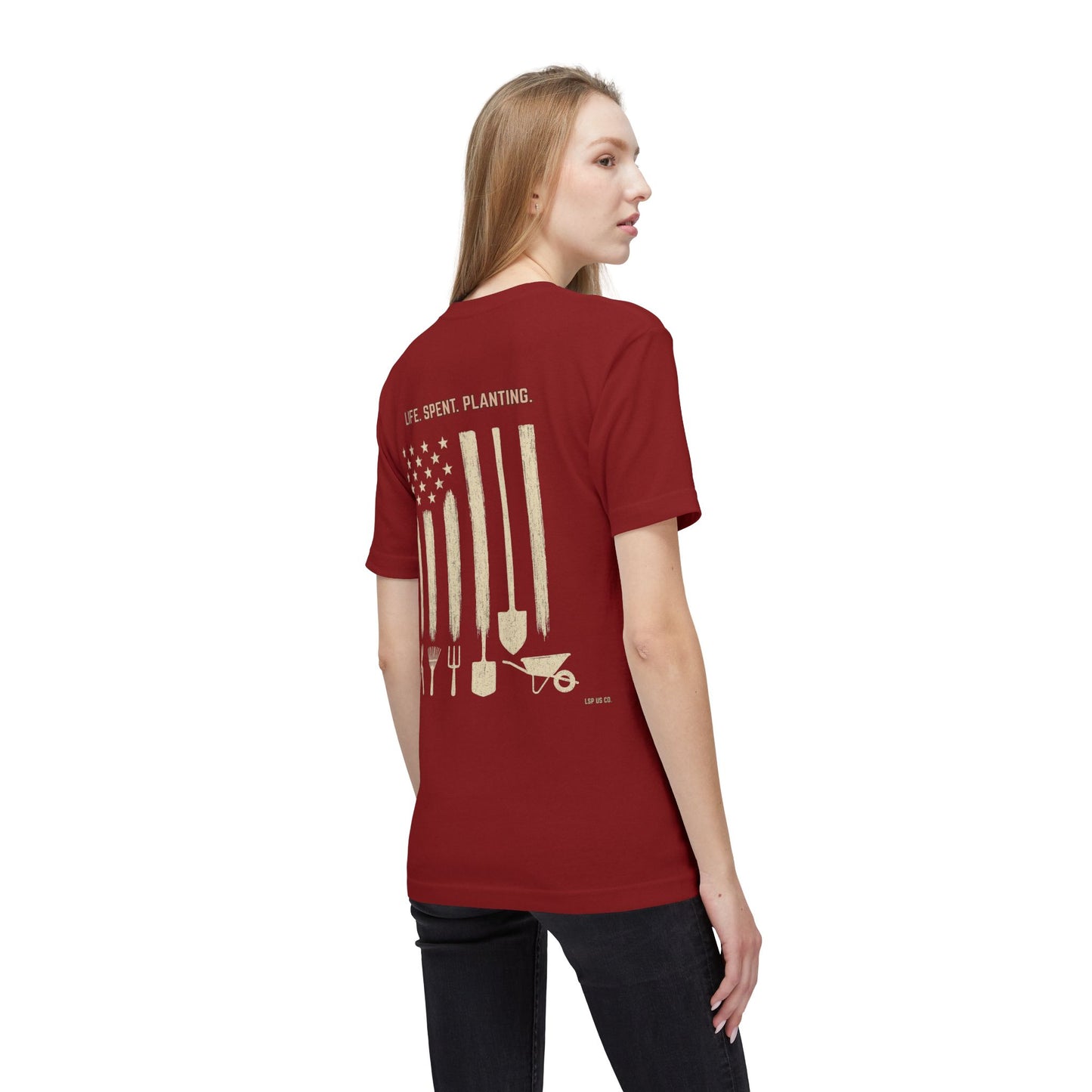 Distressed Gardening Tools Flag T-Shirt – "Life. Spent. Planting." USA-Made