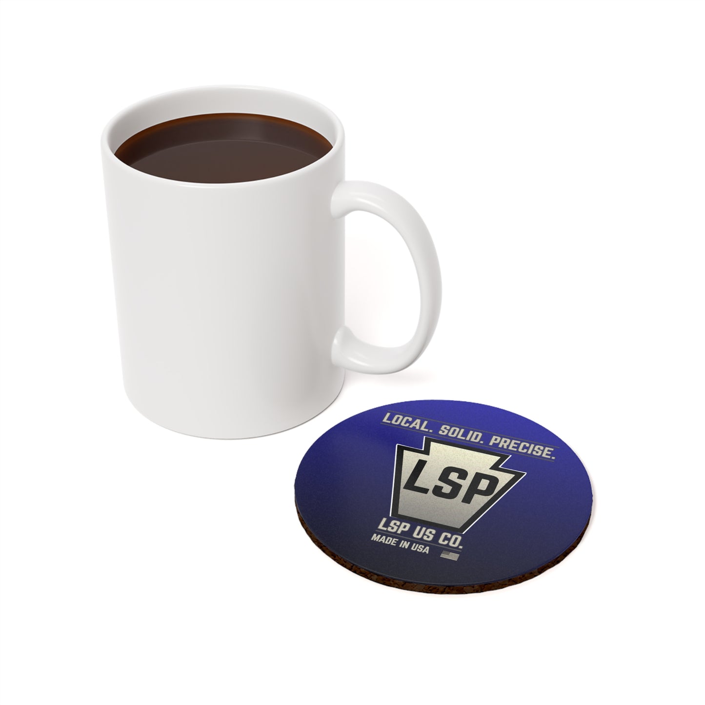 LSP US CO Keystone Logo Cork Coaster — 'Local. Solid. Precise.' Round Drink Coaster (Made in USA)
