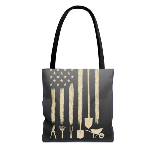 LSP US CO Tote Bag 3 Sizes - Colored Handles - 100% Polyester - Distressed Flag Landscaping Tools - Personalizable