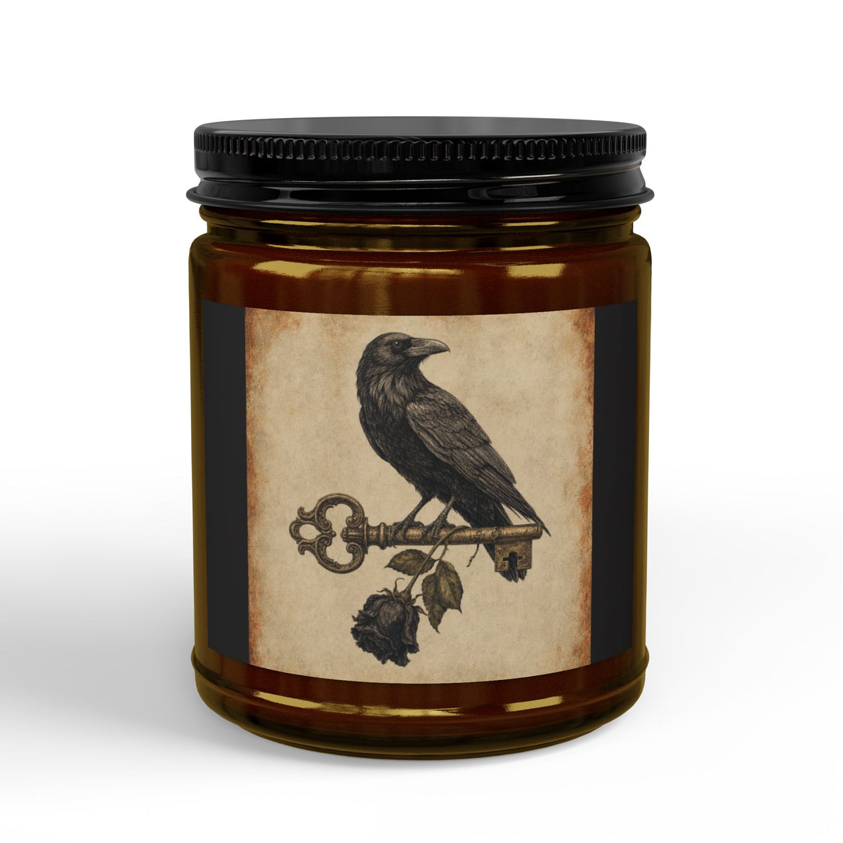 Raven & Skeleton Key Soy Candle – Gothic Vintage Amber Jar Candle 9 OZ Scented