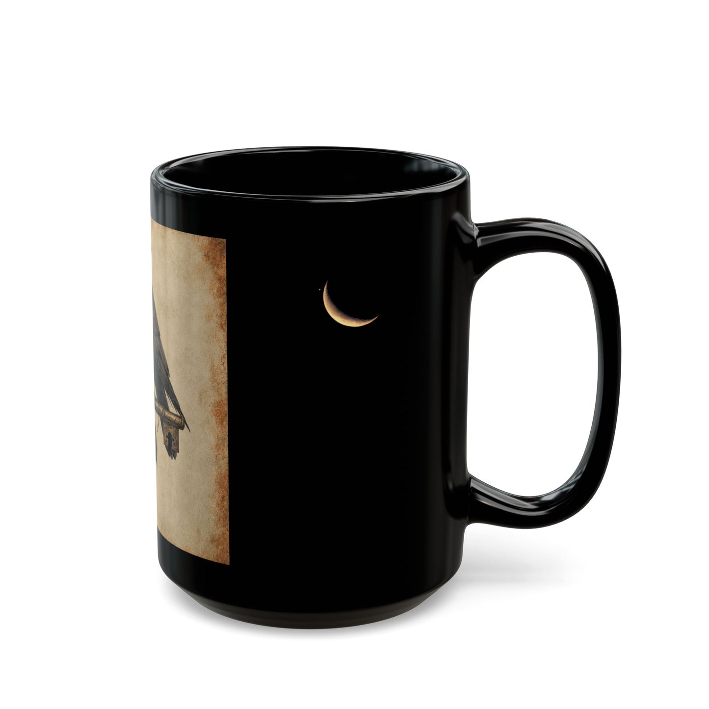 Gothic Raven Key & Rose Black Ceramic Mug — Moon Crescent Coffee Cup 15 OZ