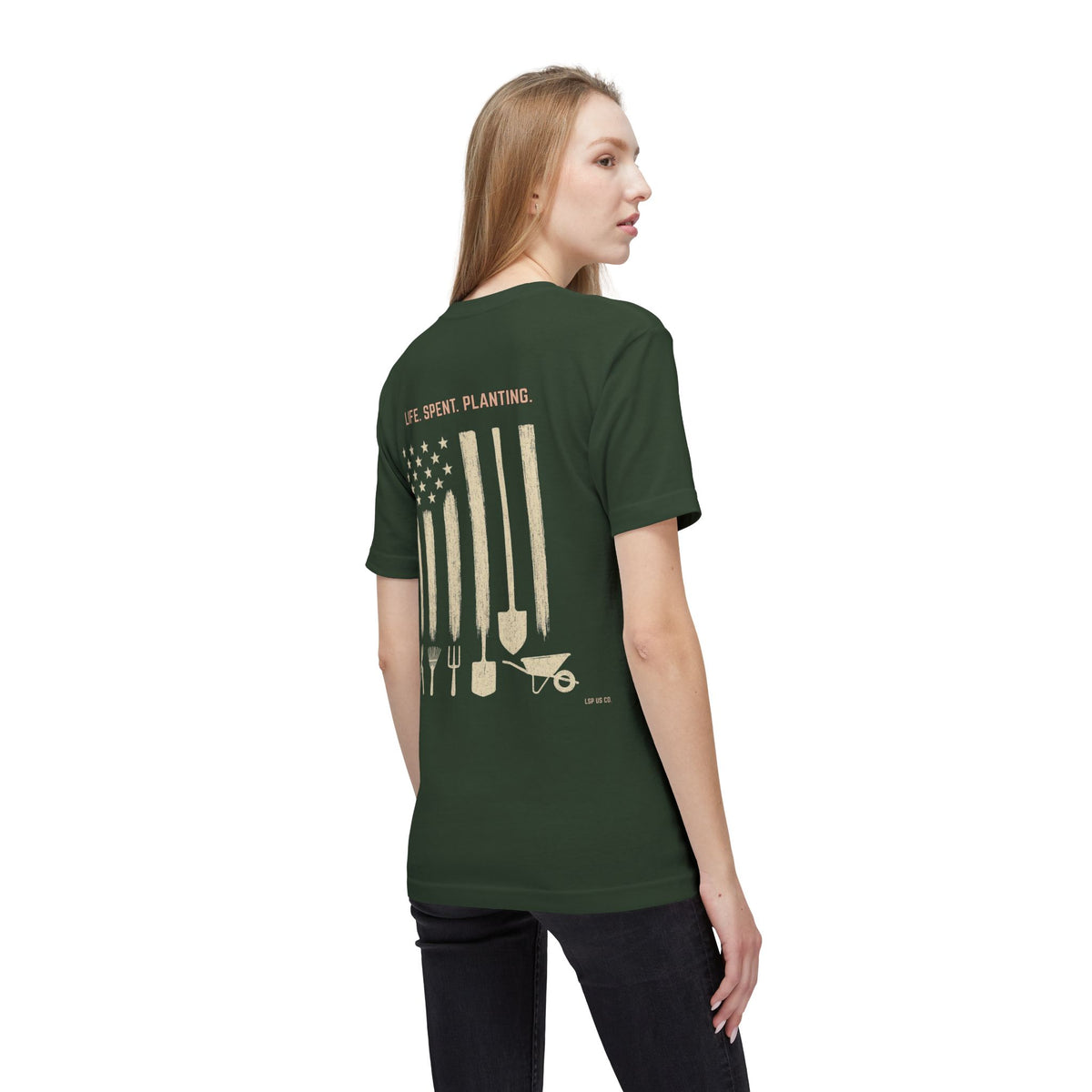 Distressed Gardening Tools Flag T-Shirt – "Life. Spent. Planting." USA-Made