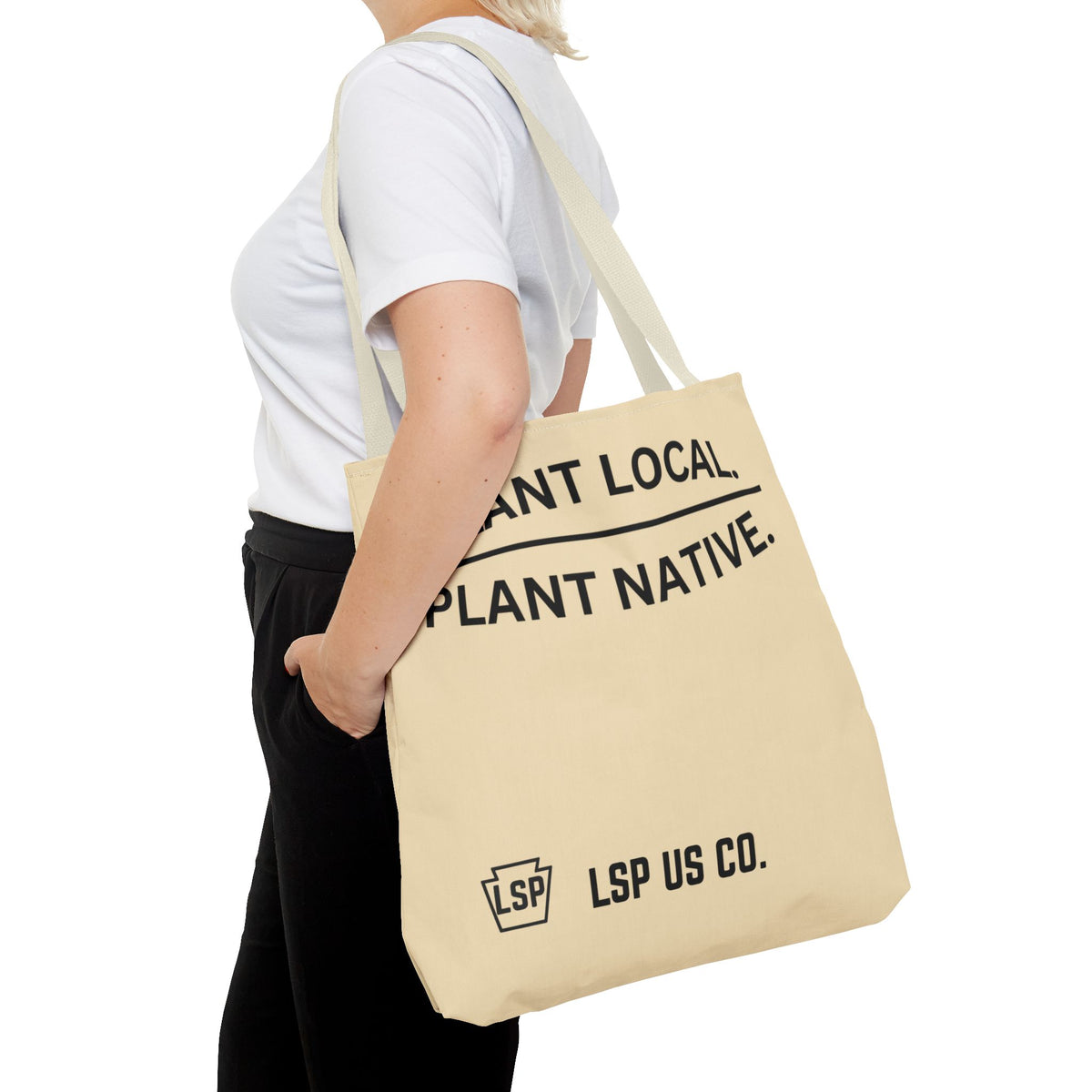 LSP US CO Tote Bag — "Plant Local. Plant Native." Eco-Friendly Canvas Tote with Tree Ring Nature Graphic