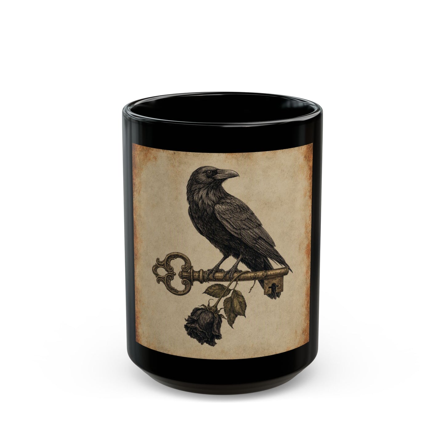 Gothic Raven Key & Rose Black Ceramic Mug — Moon Crescent Coffee Cup 15 OZ