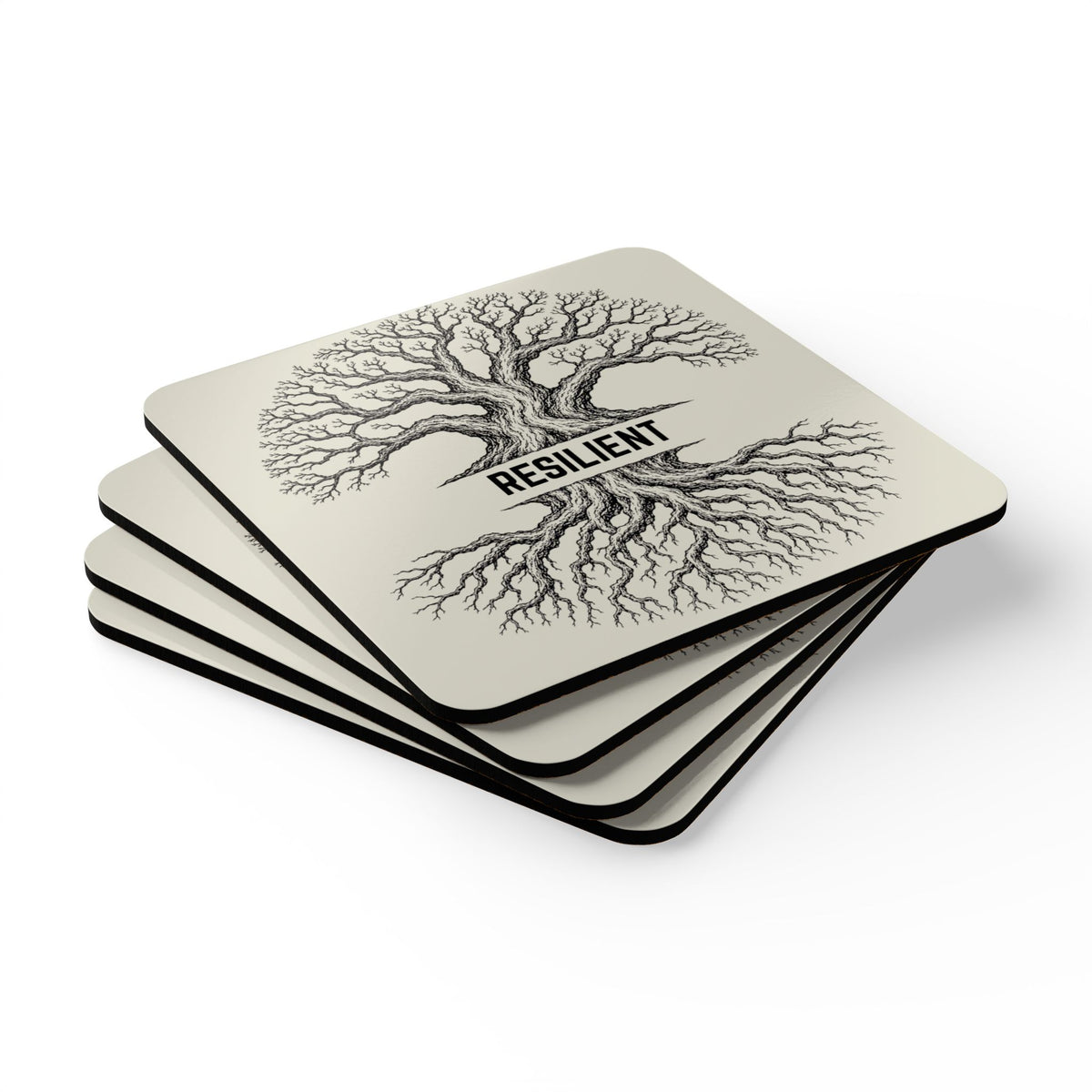 Resilient Tree Cork Coaster Set — Inspirational Rustic Drink Coasters (4-Pack)