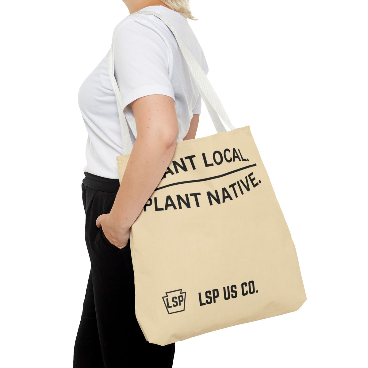 LSP US CO Tote Bag — "Plant Local. Plant Native." Eco-Friendly Canvas Tote with Tree Ring Nature Graphic