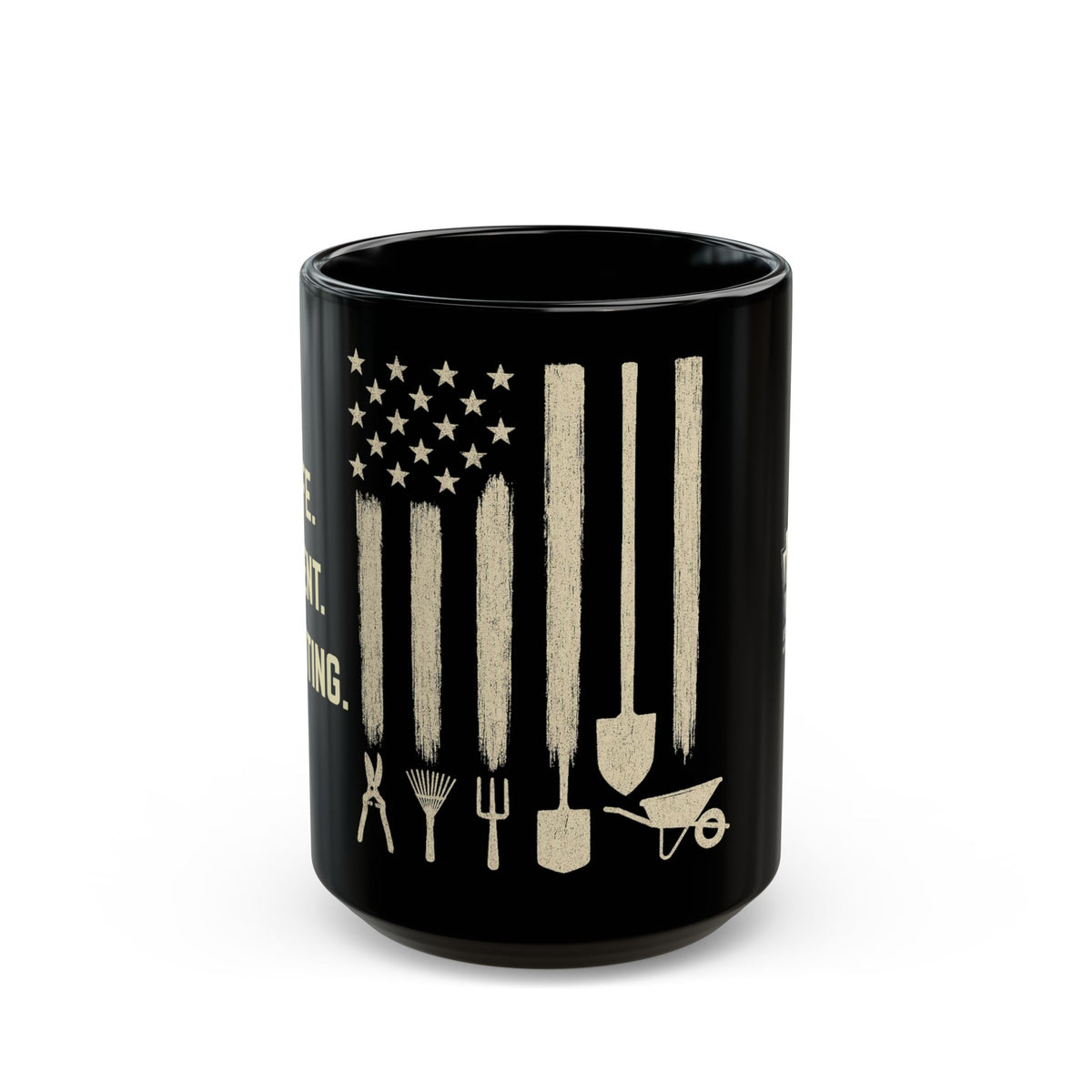 LSP US CO Gardening American Flag Mug — Vintage Tools Patriotic Coffee Cup 15oz Black