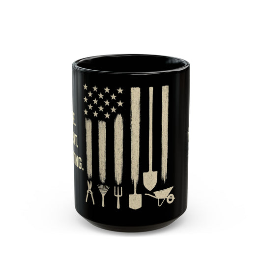LSP US CO Gardening American Flag Mug — Vintage Tools Patriotic Coffee Cup 15oz Black