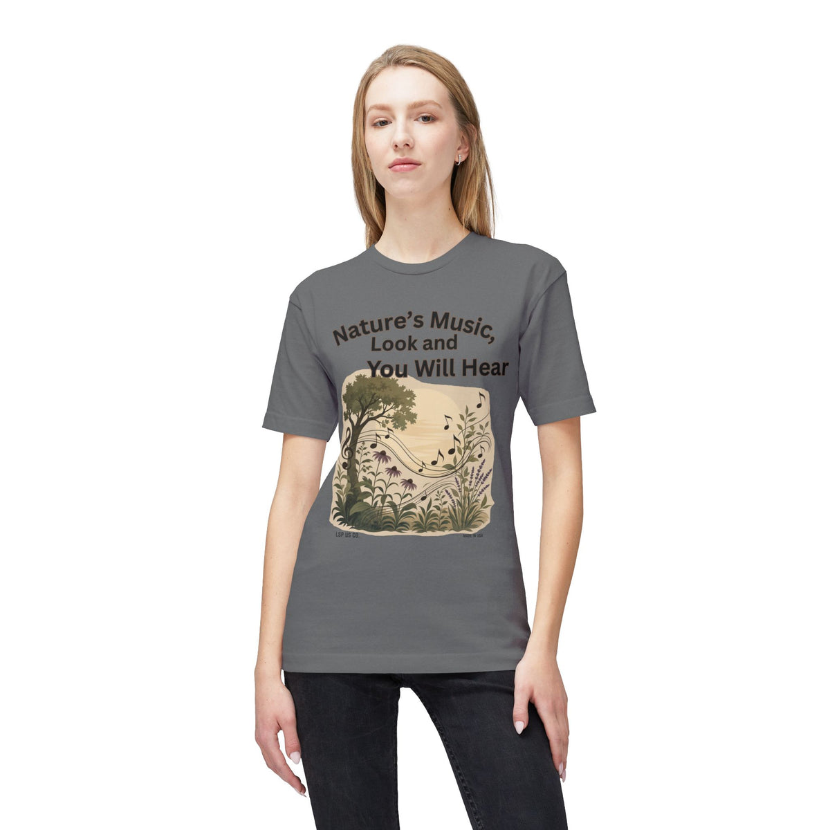 Nature's Music T-Shirt — "Nature's Music, Look and You Will Hear" Vintage Botanical Bayside Tee