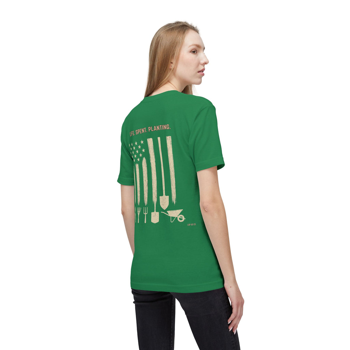 Distressed Gardening Tools Flag T-Shirt – "Life. Spent. Planting." USA-Made