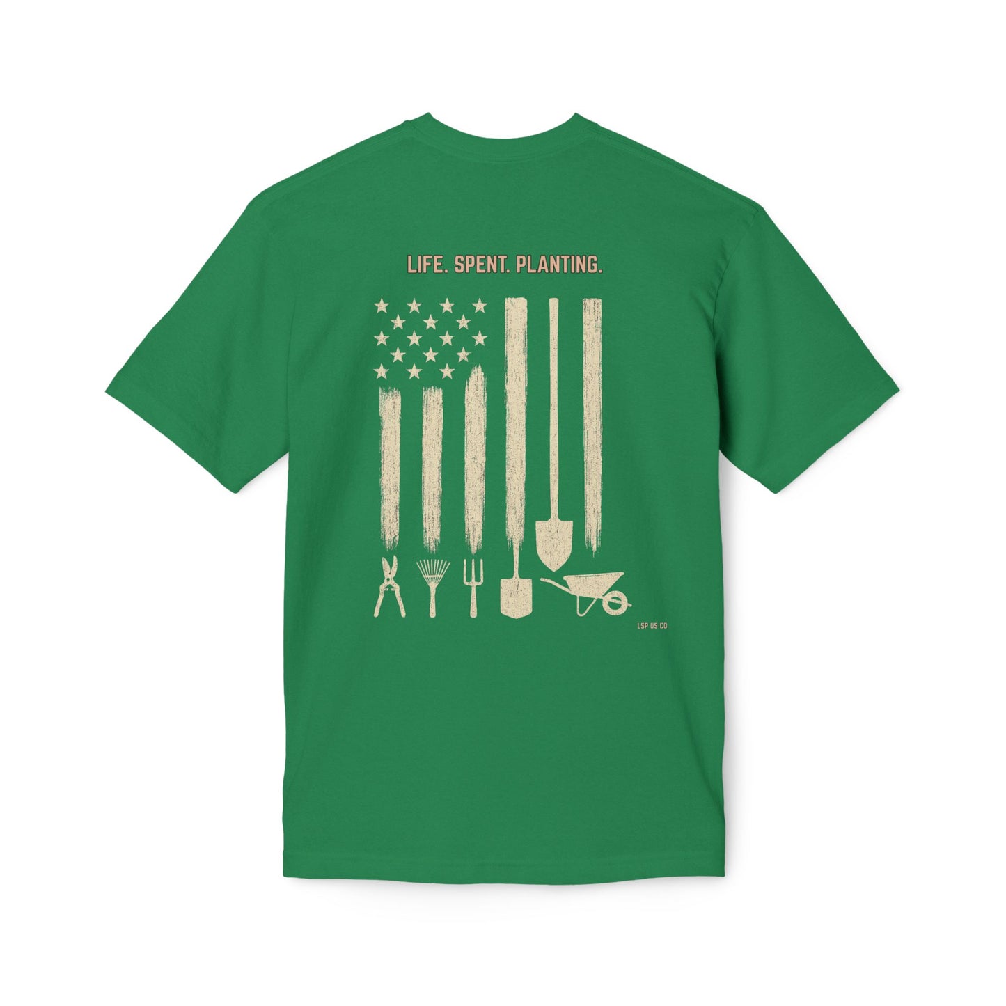 Distressed Gardening Tools Flag T-Shirt – "Life. Spent. Planting." USA-Made