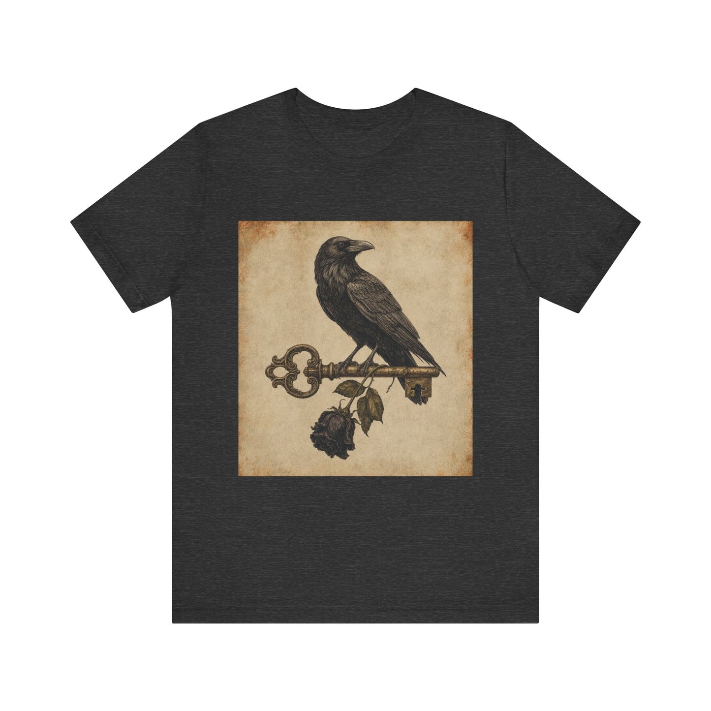 Raven on Vintage Key With Black Rose T‑Shirt — Gothic Crow Vintage-Style Tee