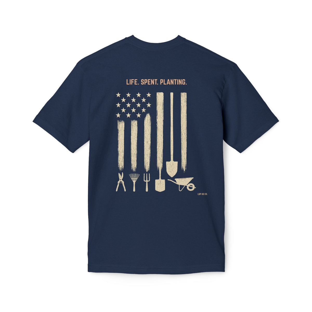 Distressed Gardening Tools Flag T-Shirt – "Life. Spent. Planting." USA-Made