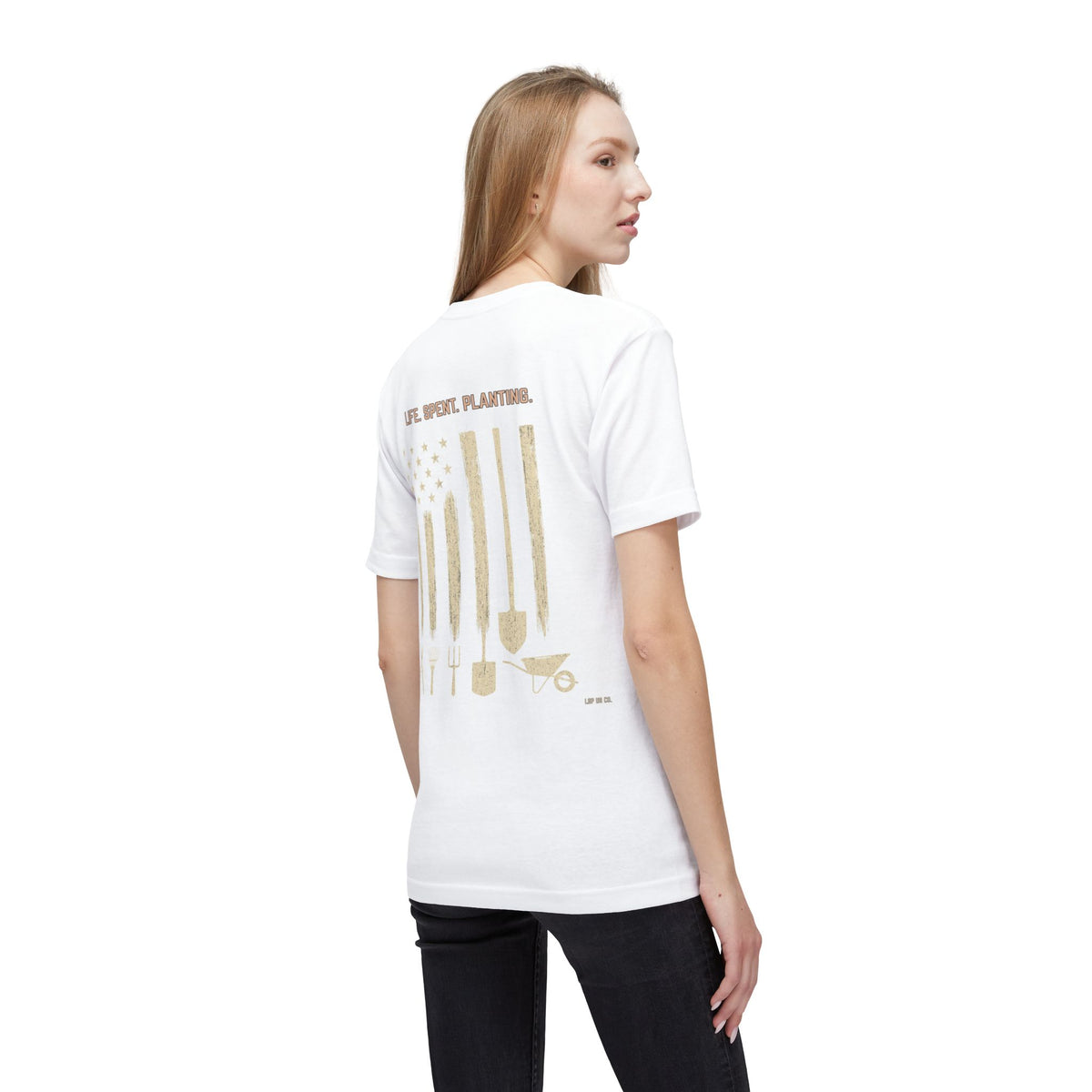 Distressed Gardening Tools Flag T-Shirt – "Life. Spent. Planting." USA-Made