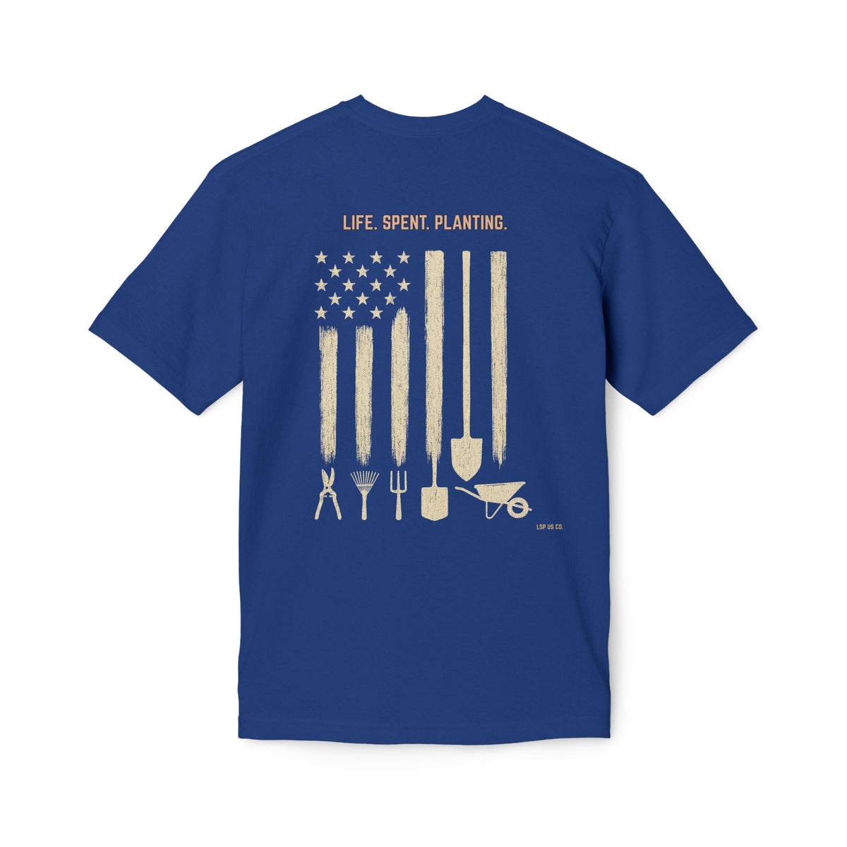 Distressed Gardening Tools Flag T-Shirt – "Life. Spent. Planting." USA-Made