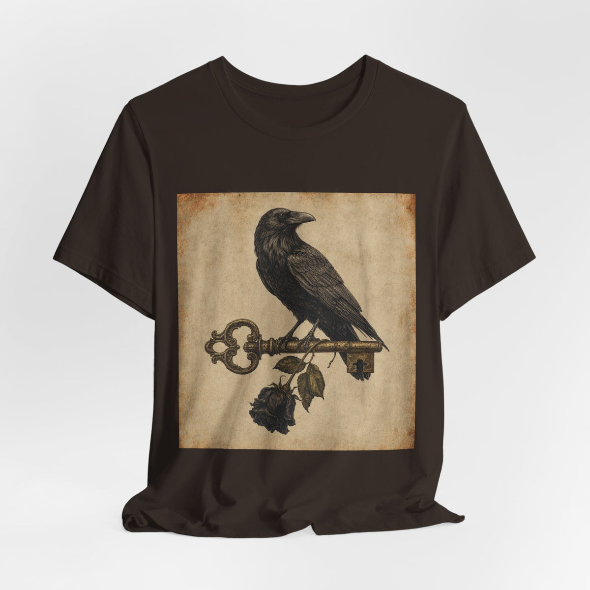 Raven on Vintage Key With Black Rose T‑Shirt — Gothic Crow Vintage-Style Tee