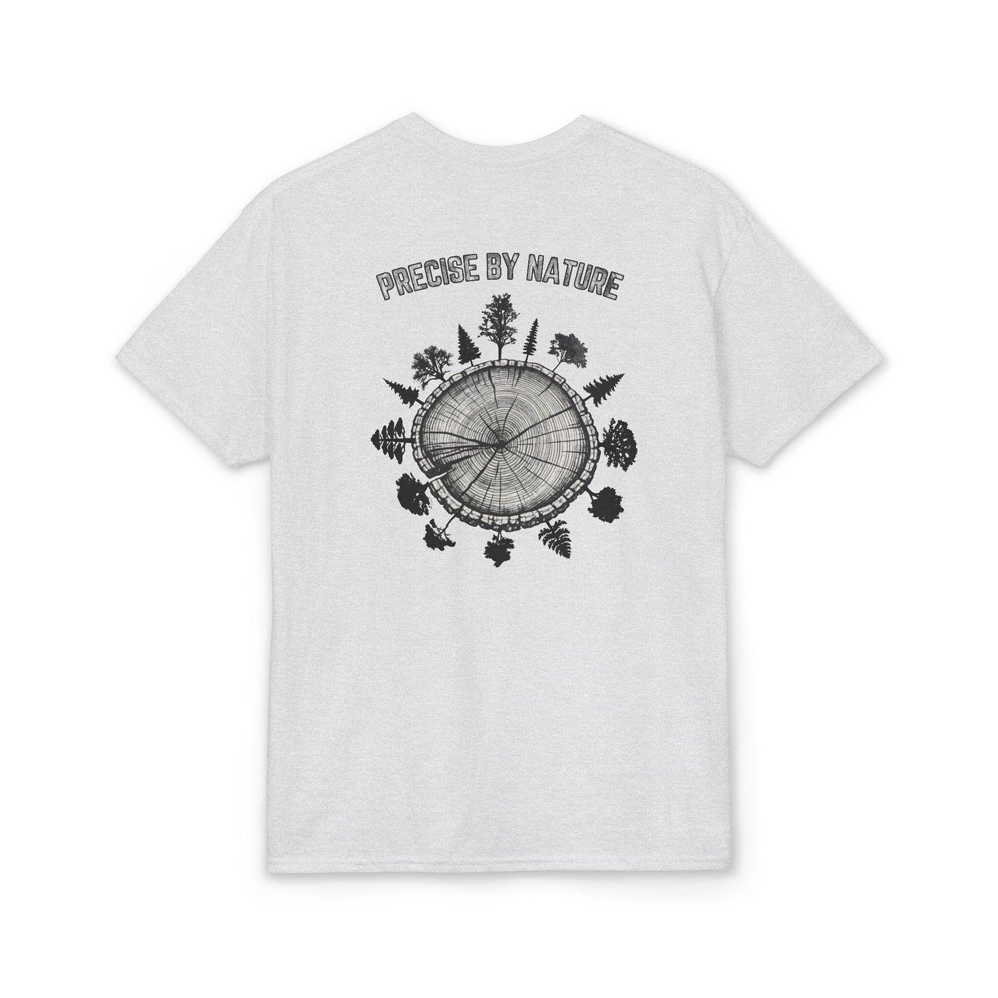 PRECISE BY NATURE T-Shirt — Trees around Tree Ring Graphic Tee for Nature Lovers
