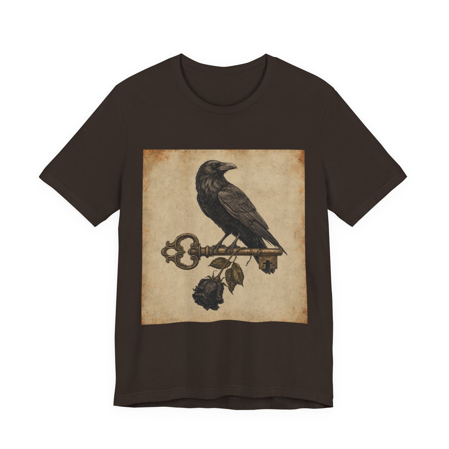 Raven on Vintage Key With Black Rose T‑Shirt — Gothic Crow Vintage-Style Tee