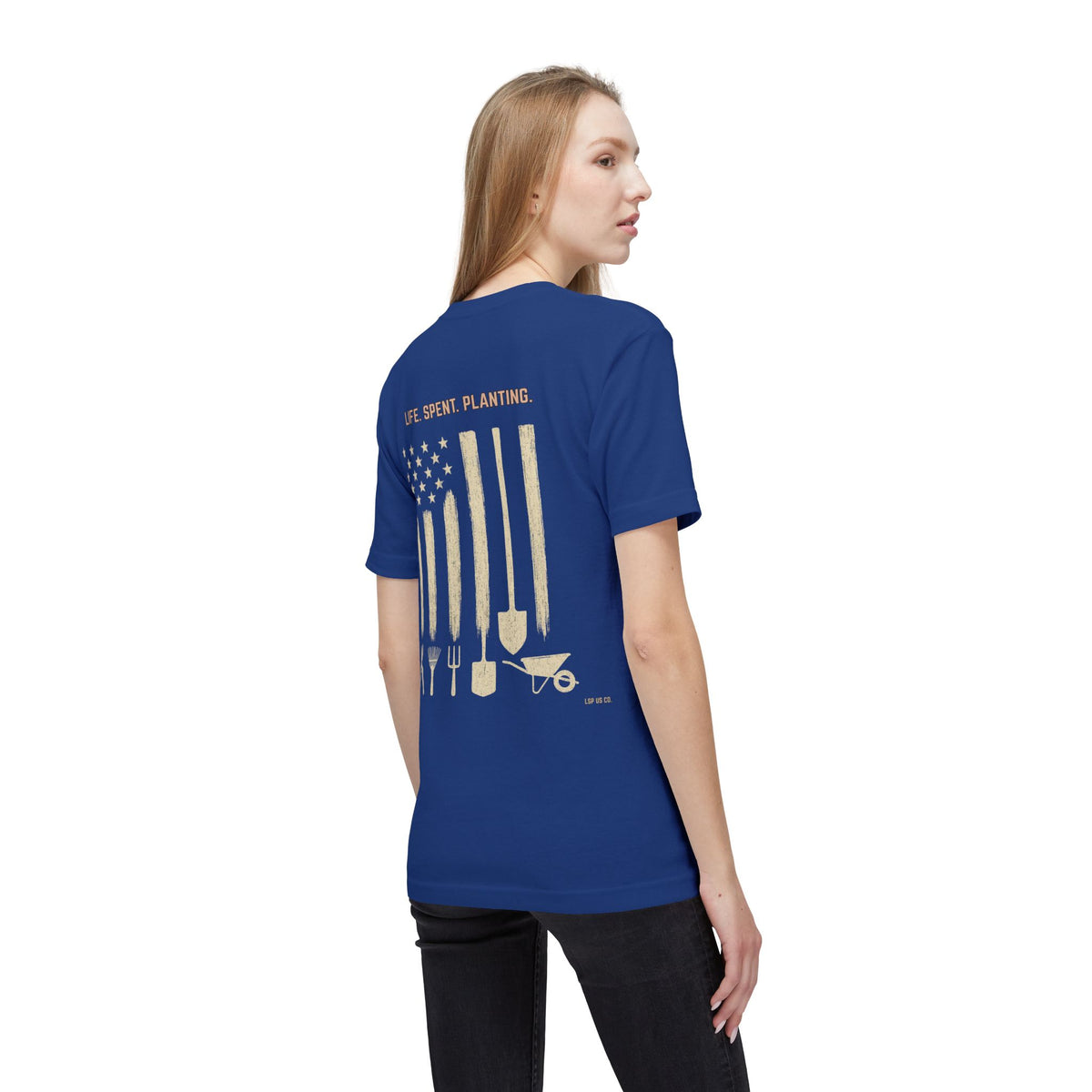 Distressed Gardening Tools Flag T-Shirt – "Life. Spent. Planting." USA-Made
