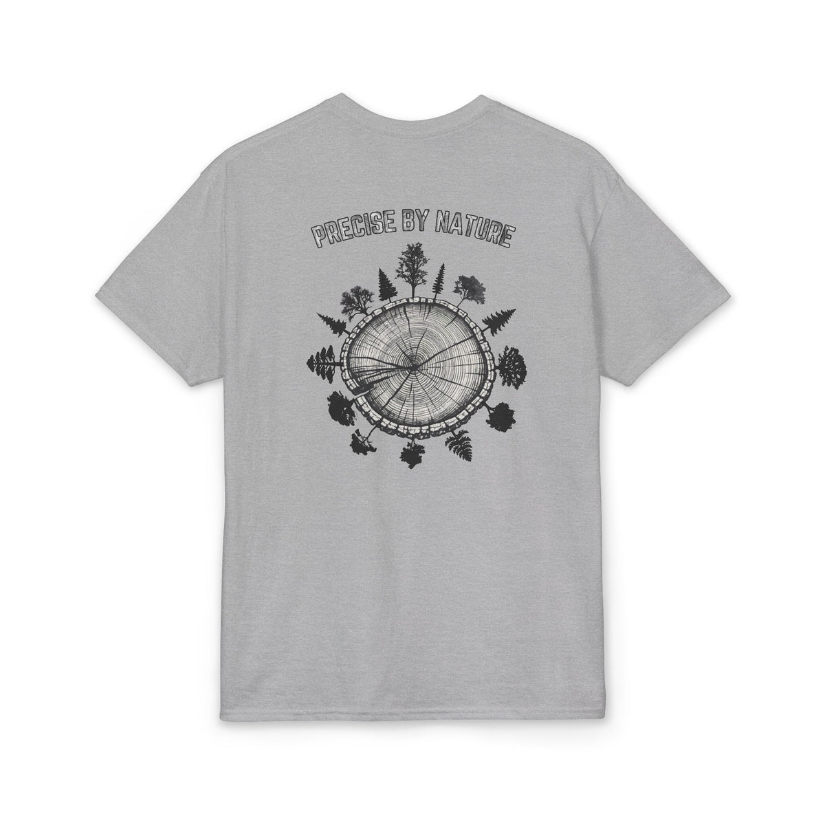 PRECISE BY NATURE T-Shirt — Trees around Tree Ring Graphic Tee for Nature Lovers