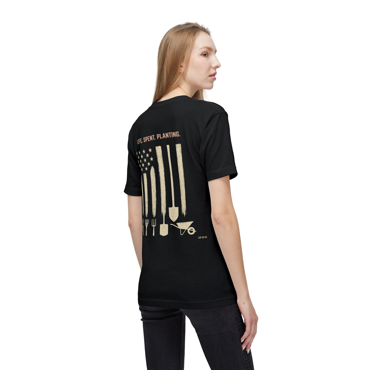 Distressed Gardening Tools Flag T-Shirt – "Life. Spent. Planting." USA-Made