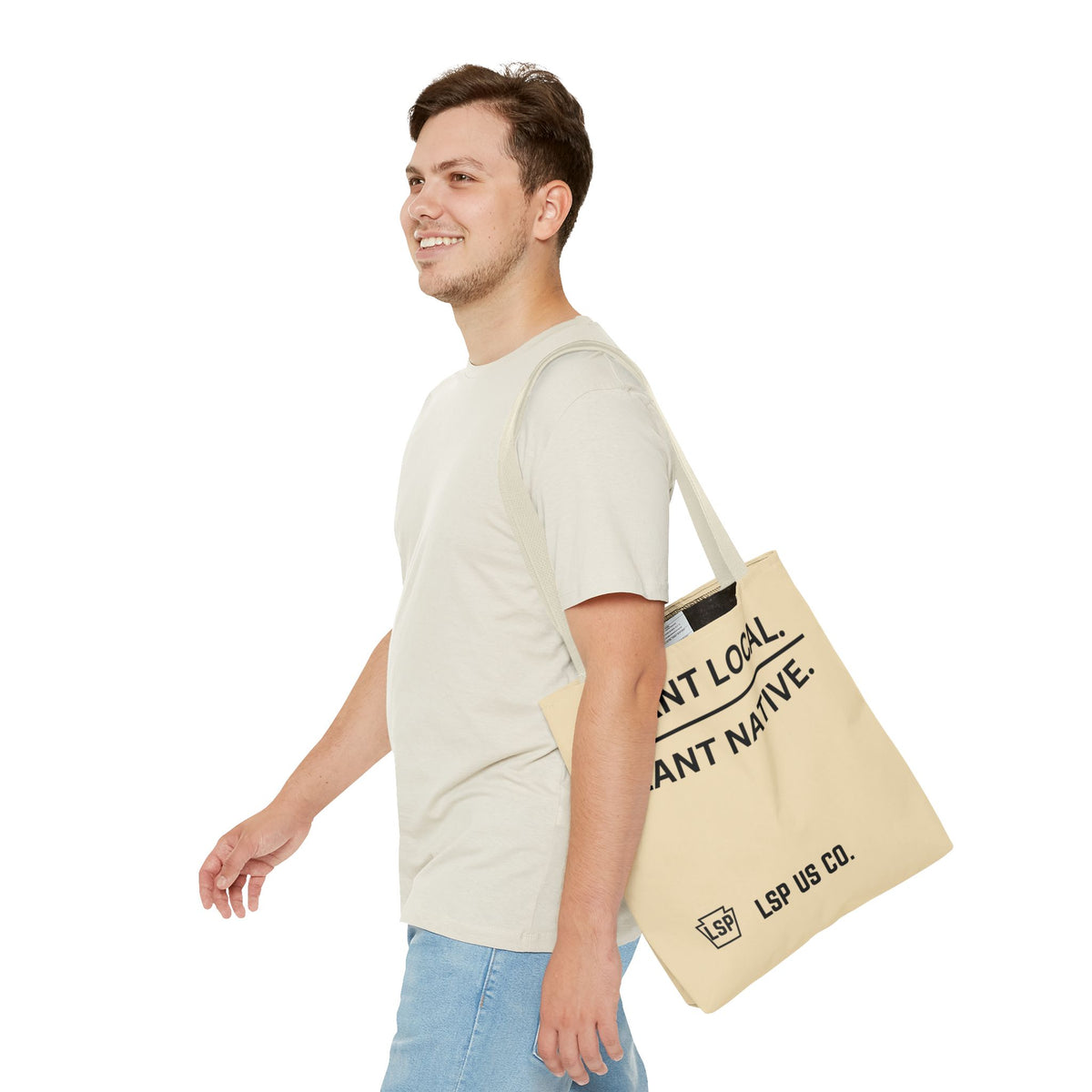 LSP US CO Tote Bag — "Plant Local. Plant Native." Eco-Friendly Canvas Tote with Tree Ring Nature Graphic