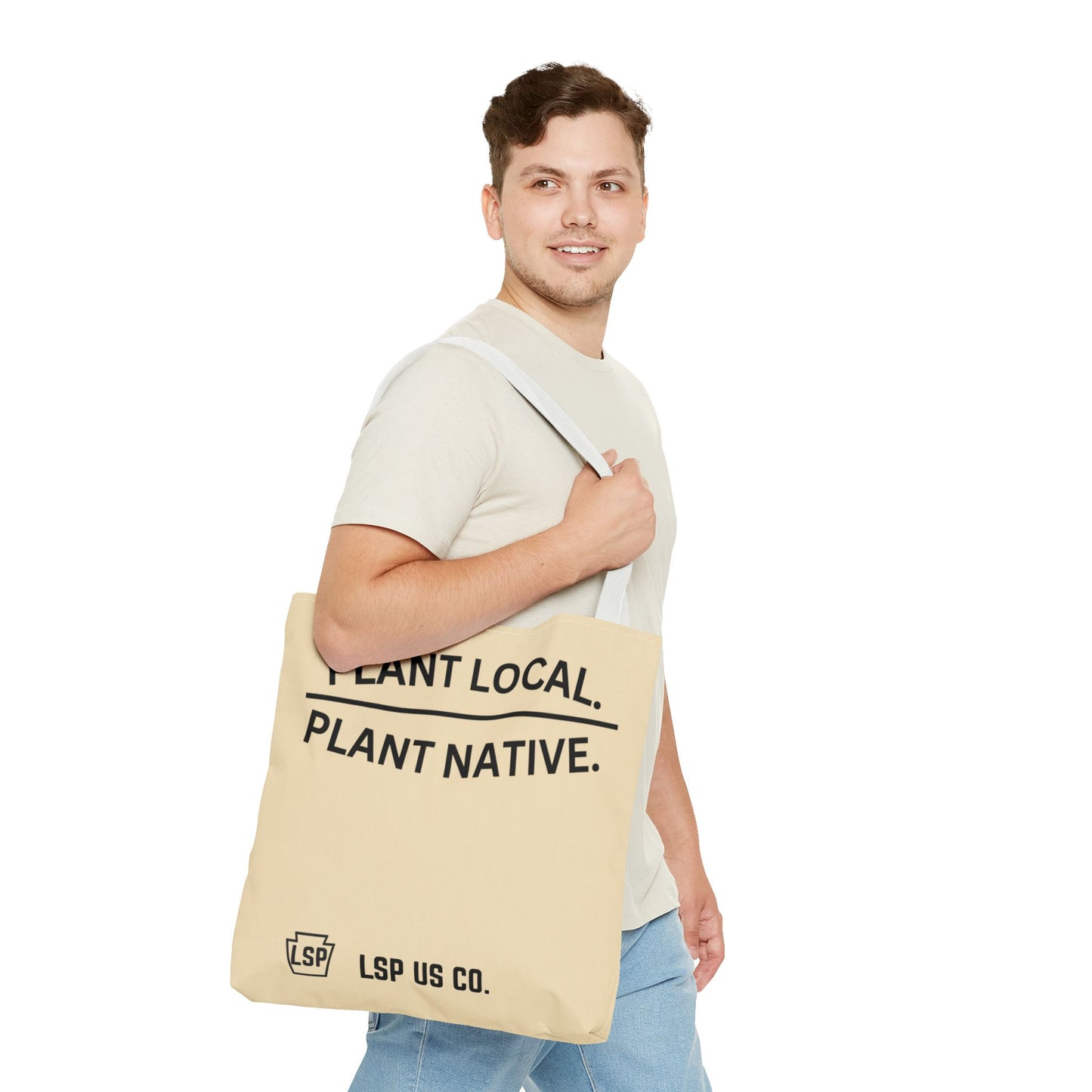 LSP US CO Tote Bag — "Plant Local. Plant Native." Eco-Friendly Canvas Tote with Tree Ring Nature Graphic