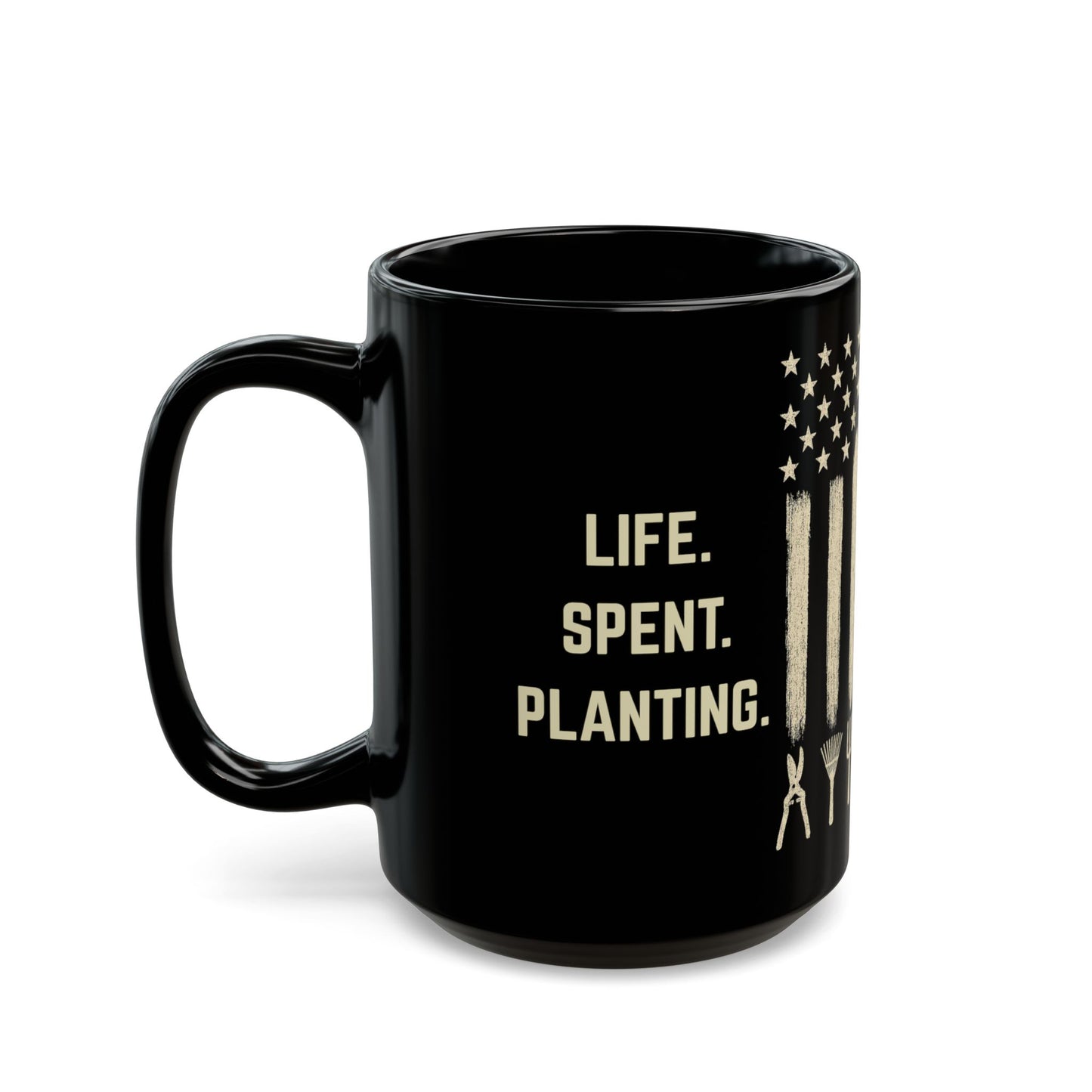 LSP US CO Gardening American Flag Mug — Vintage Tools Patriotic Coffee Cup 15oz Black