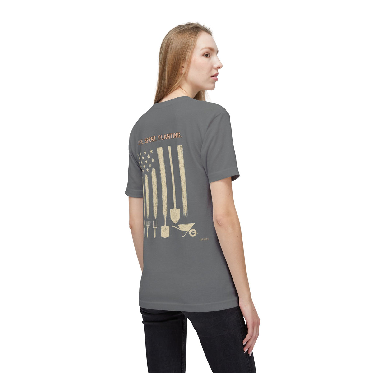 Distressed Gardening Tools Flag T-Shirt – "Life. Spent. Planting." USA-Made