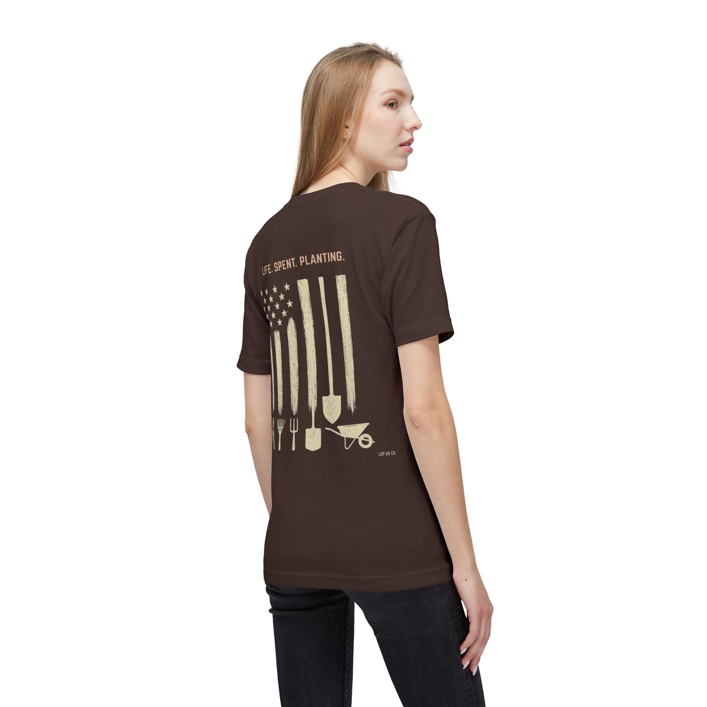 Distressed Gardening Tools Flag T-Shirt – "Life. Spent. Planting." USA-Made