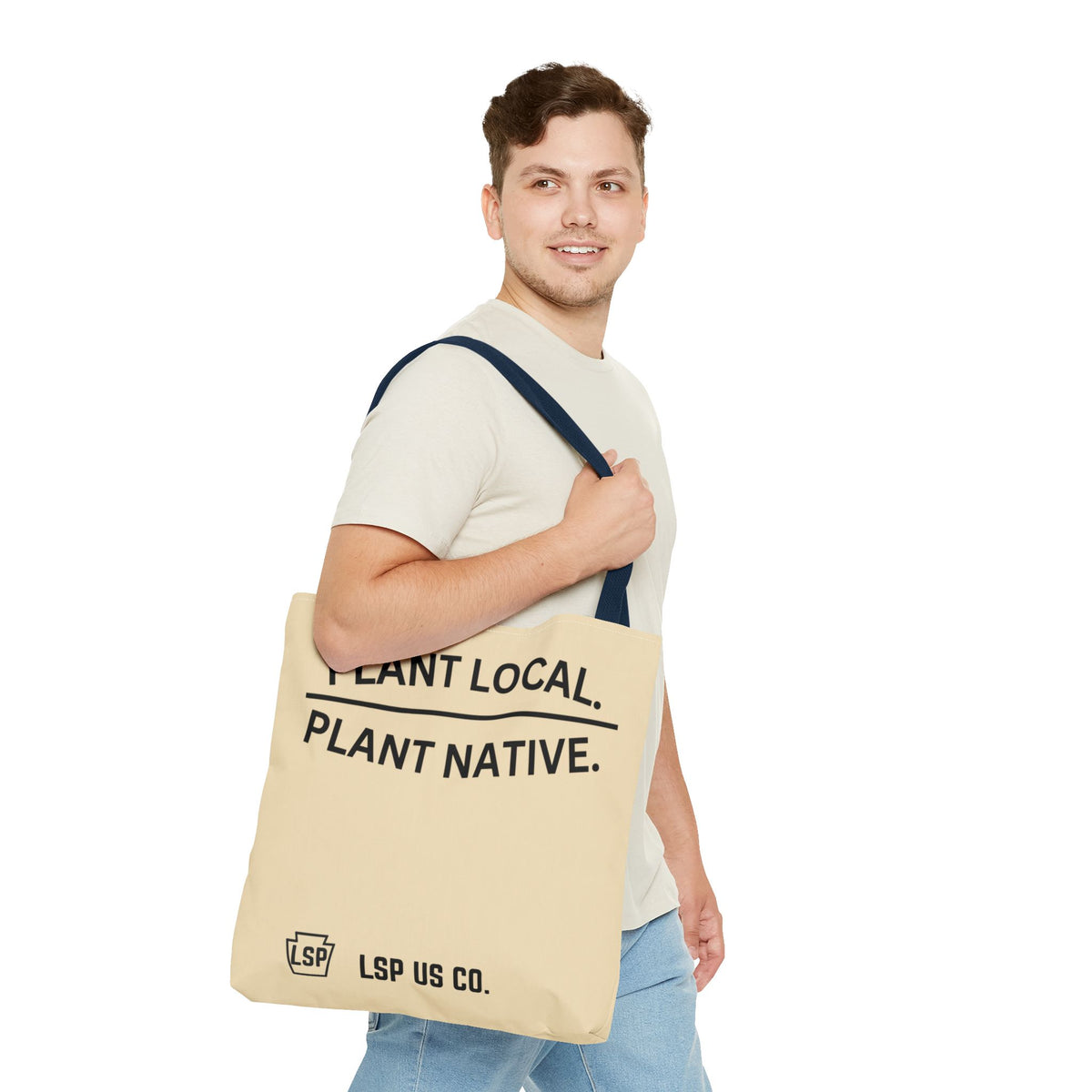 LSP US CO Tote Bag — "Plant Local. Plant Native." Eco-Friendly Canvas Tote with Tree Ring Nature Graphic