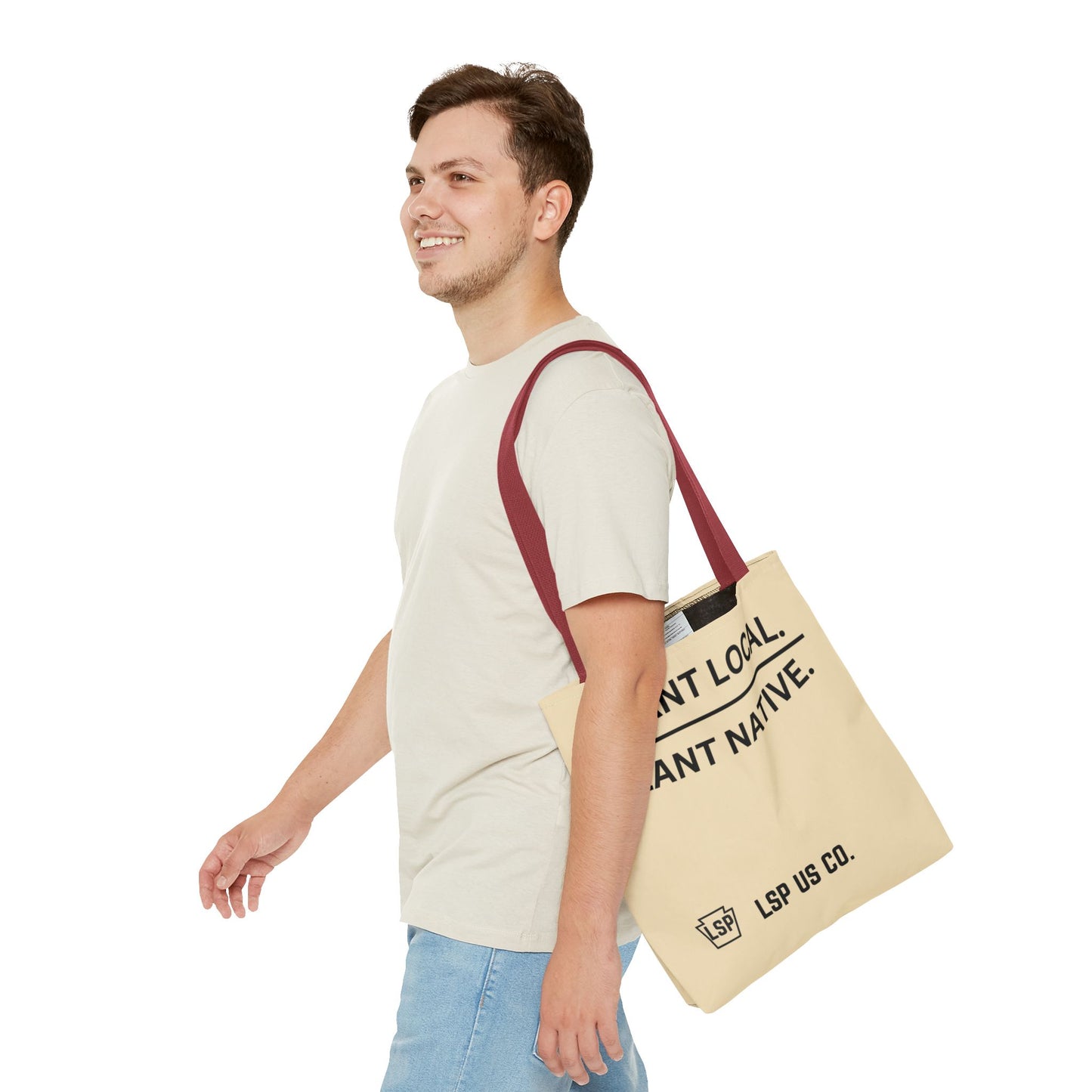 LSP US CO Tote Bag — "Plant Local. Plant Native." Eco-Friendly Canvas Tote with Tree Ring Nature Graphic