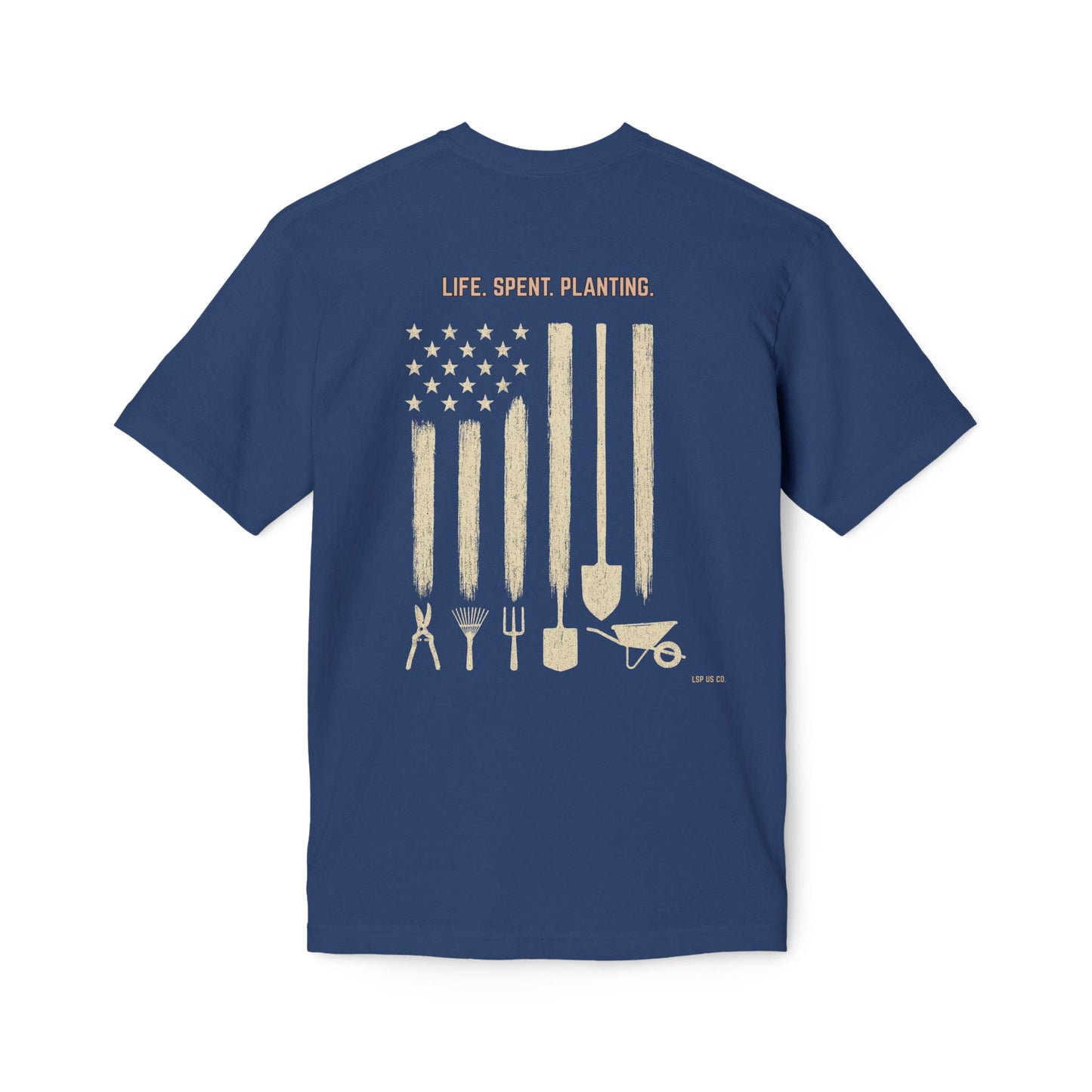 Distressed Gardening Tools Flag T-Shirt – "Life. Spent. Planting." USA-Made