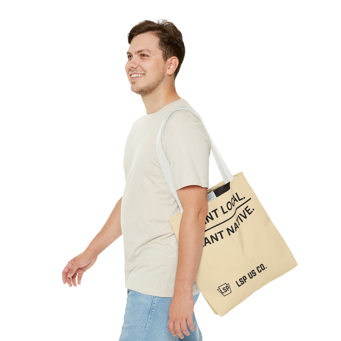 LSP US CO Tote Bag — "Plant Local. Plant Native." Eco-Friendly Canvas Tote with Tree Ring Nature Graphic