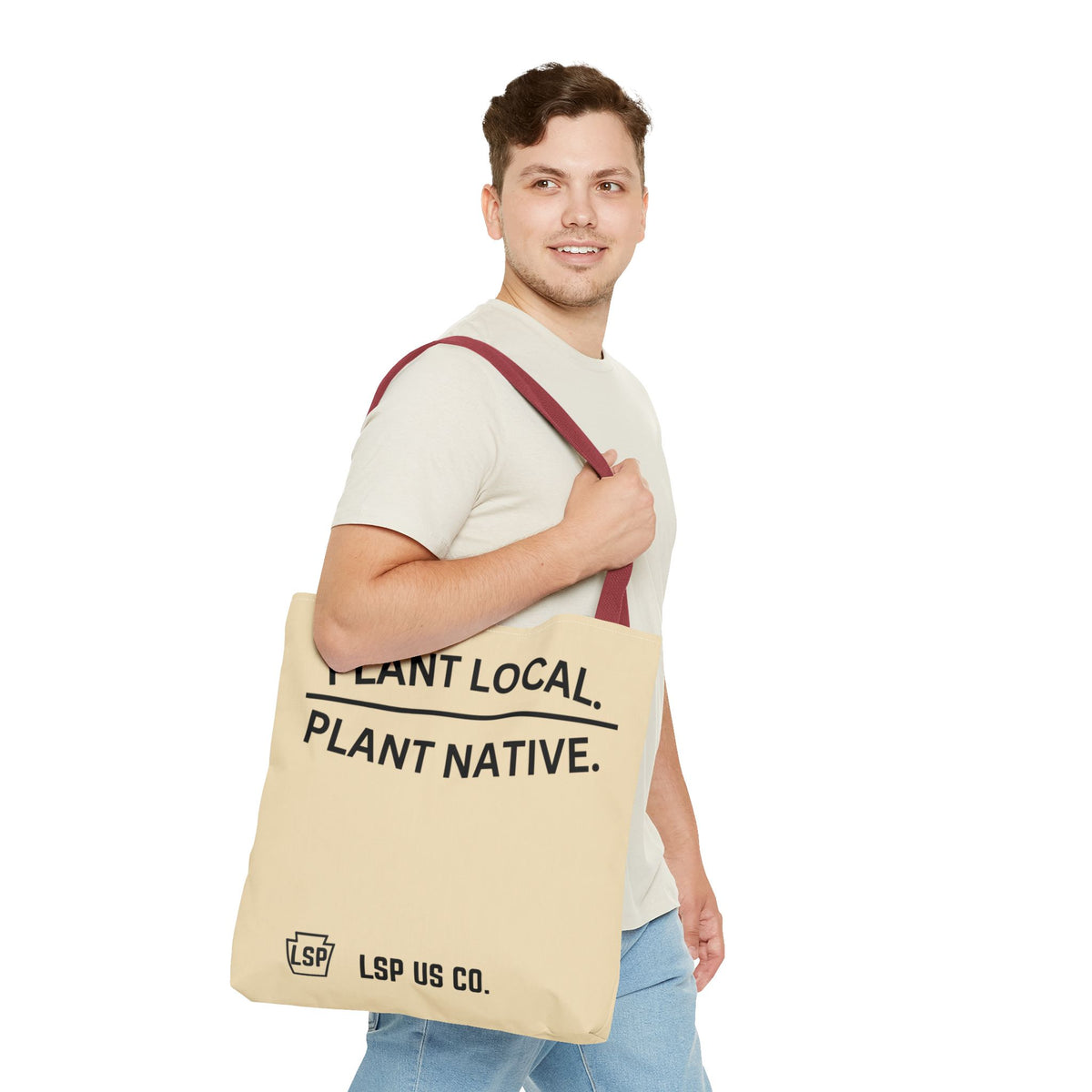 LSP US CO Tote Bag — "Plant Local. Plant Native." Eco-Friendly Canvas Tote with Tree Ring Nature Graphic