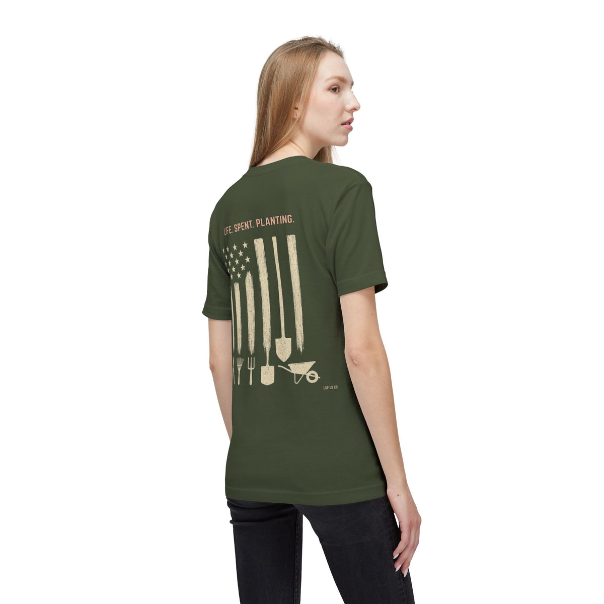 Distressed Gardening Tools Flag T-Shirt – "Life. Spent. Planting." USA-Made