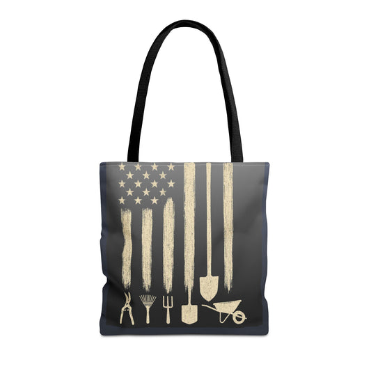 LSP US CO Tote Bag 3 Sizes - Colored Handles - 100% Polyester - Distressed Flag Landscaping Tools - Personalizable