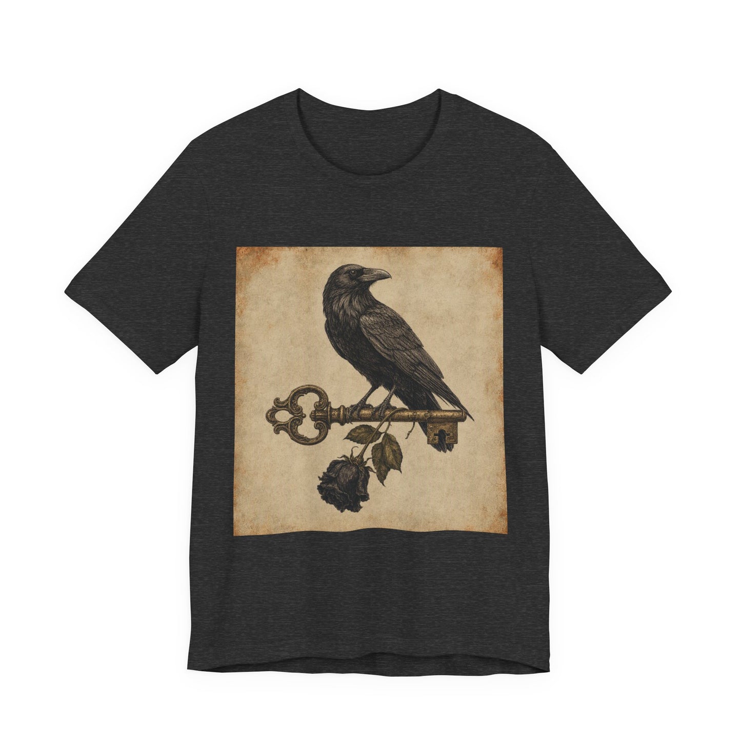 Raven on Vintage Key With Black Rose T‑Shirt — Gothic Crow Vintage-Style Tee