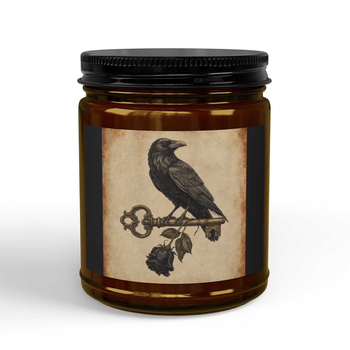 Raven & Skeleton Key Soy Candle – Gothic Vintage Amber Jar Candle 9 OZ Scented
