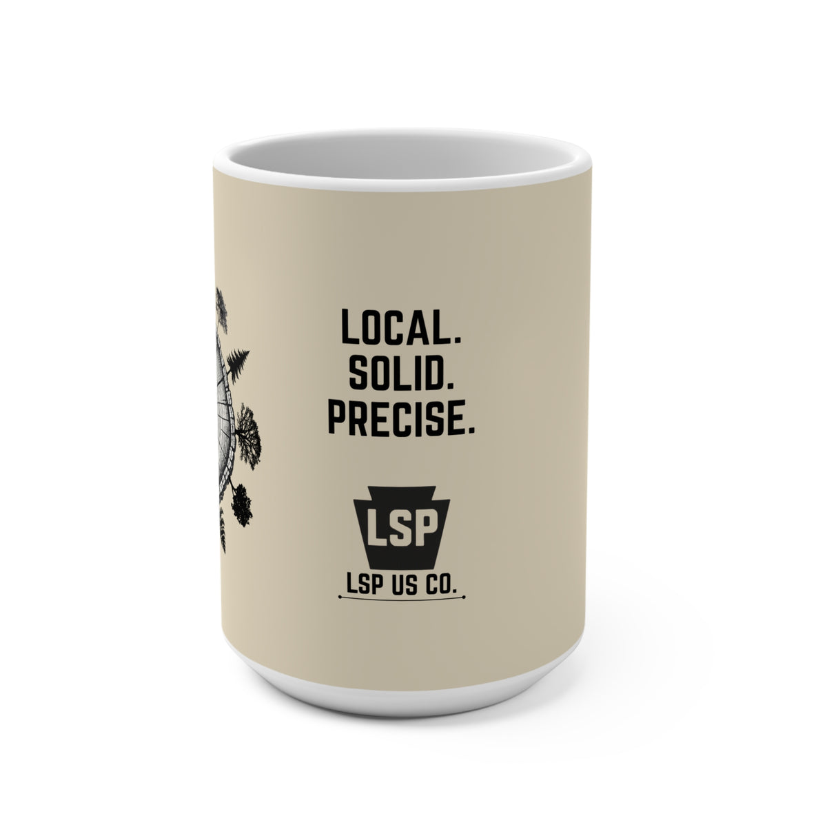 LSP US CO Local. Solid. Precise. 15oz Ceramic Mug - Trees Around Trunk Graphic
