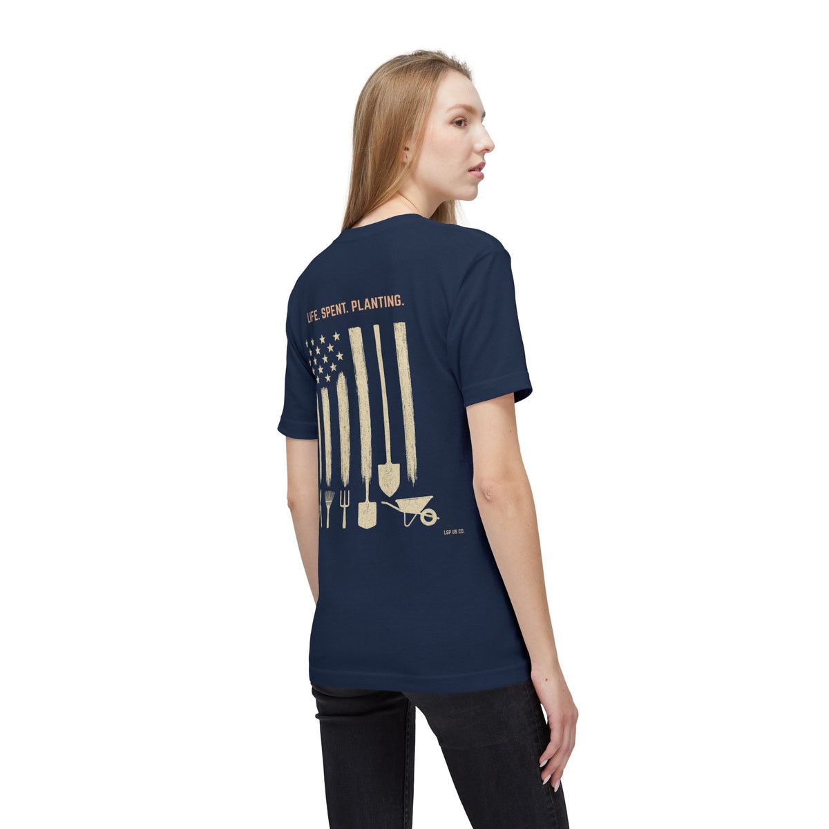 Distressed Gardening Tools Flag T-Shirt – "Life. Spent. Planting." USA-Made