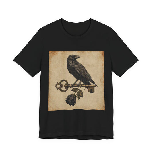 Raven on Vintage Key With Black Rose T‑Shirt — Gothic Crow Vintage-Style Tee