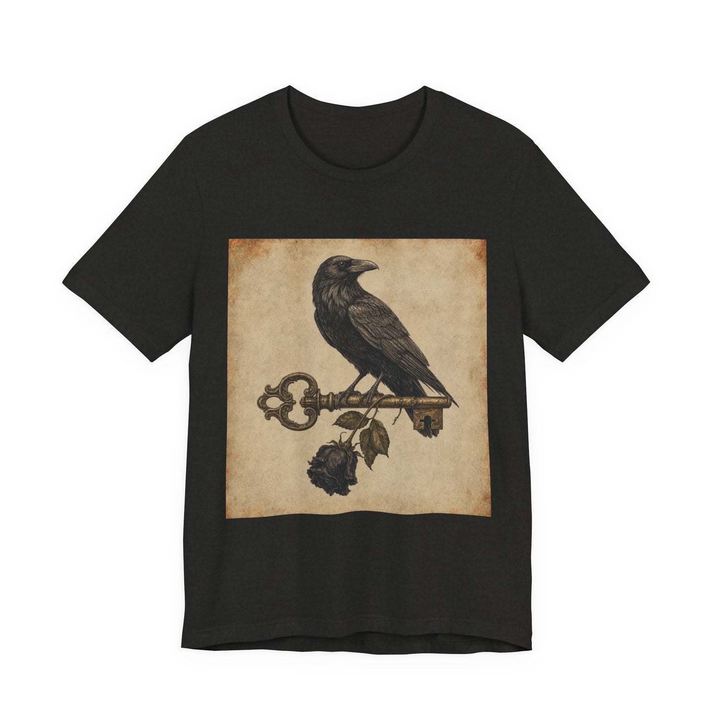Raven on Vintage Key With Black Rose T‑Shirt — Gothic Crow Vintage-Style Tee