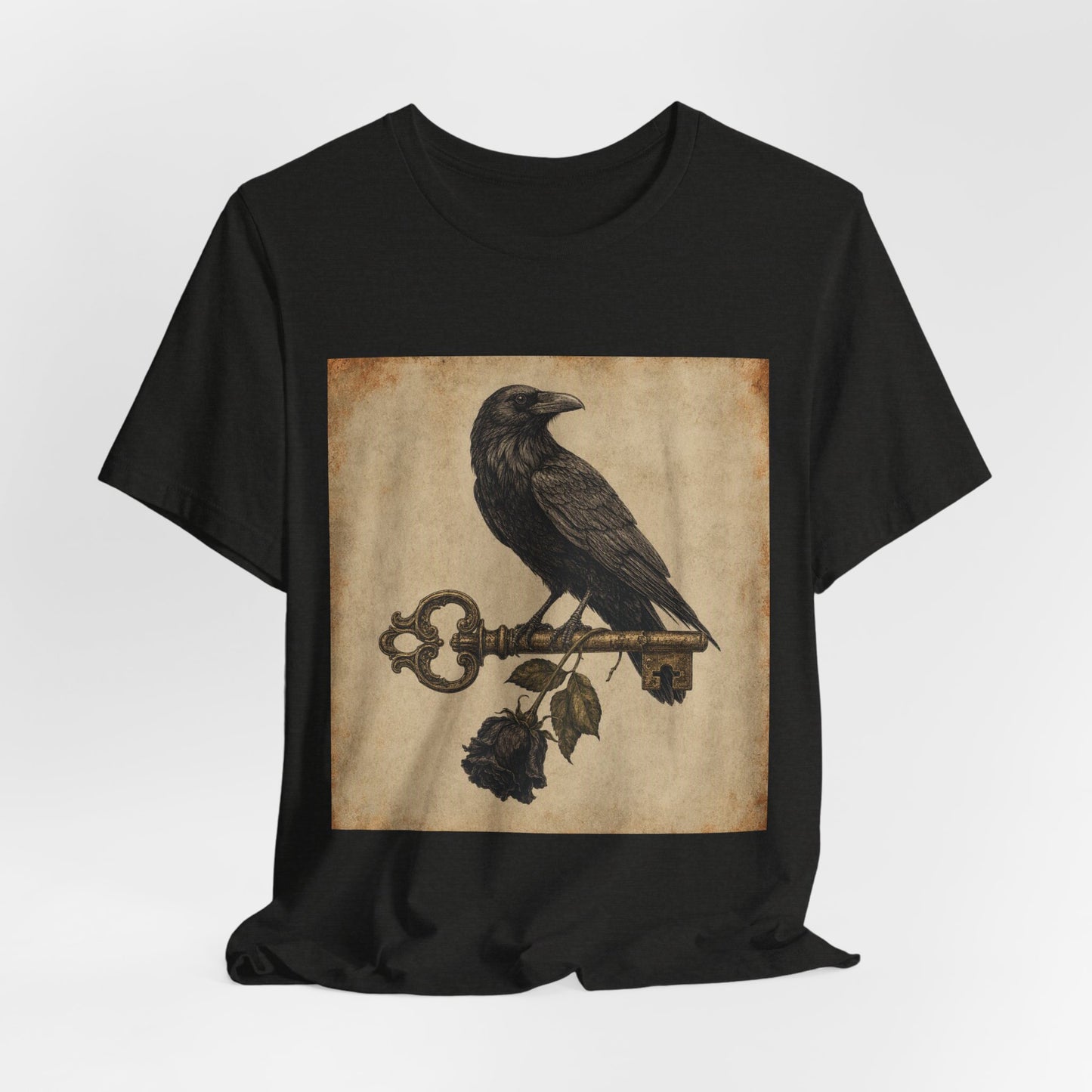 Raven on Vintage Key With Black Rose T‑Shirt — Gothic Crow Vintage-Style Tee