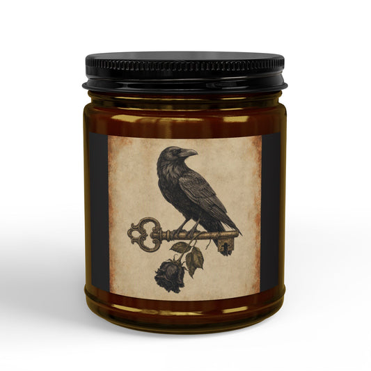 Raven & Skeleton Key Soy Candle – Gothic Vintage Amber Jar Candle 9 OZ Scented