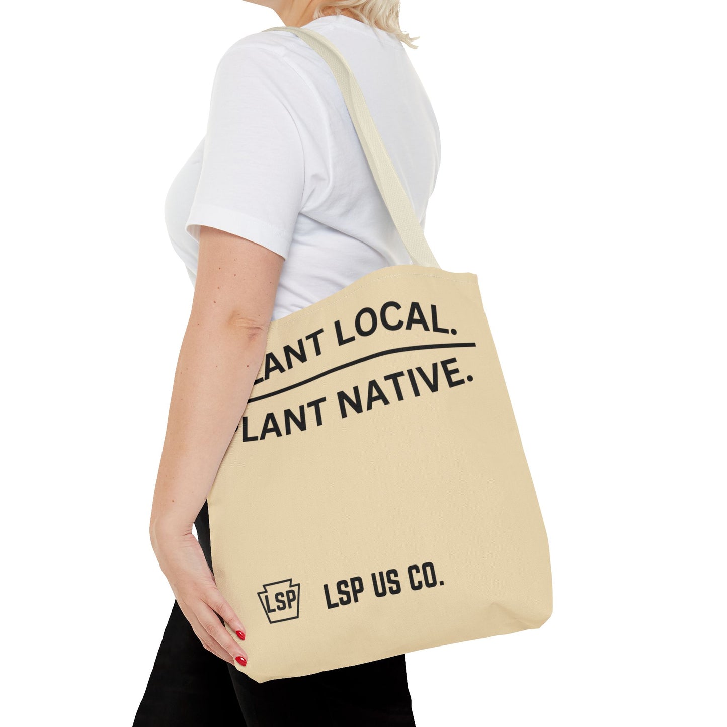 LSP US CO Tote Bag — "Plant Local. Plant Native." Eco-Friendly Canvas Tote with Tree Ring Nature Graphic