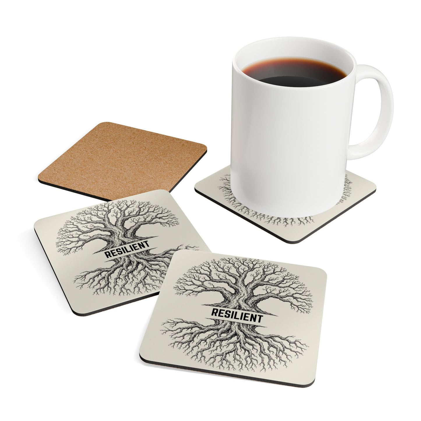 Resilient Tree Cork Coaster Set — Inspirational Rustic Drink Coasters (4-Pack)