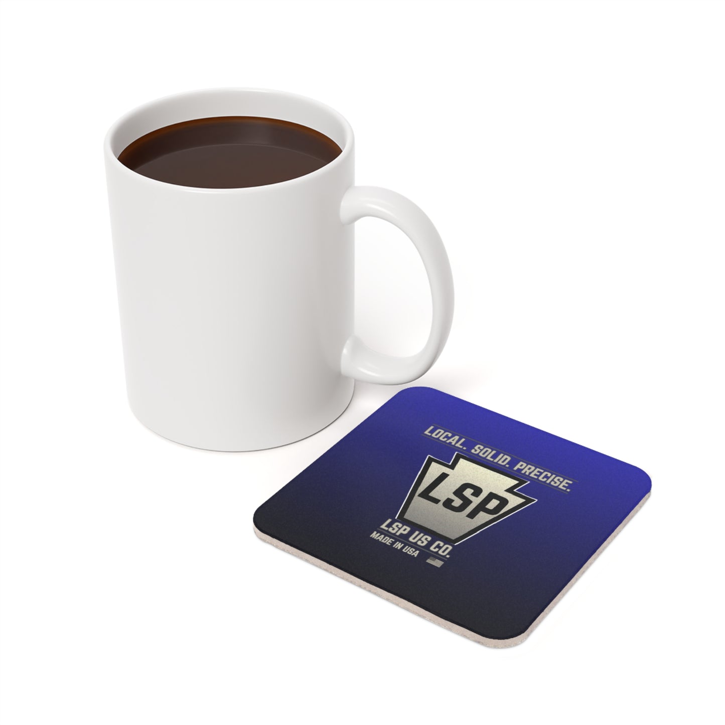 LSP US CO Keystone Logo Cork Coaster — 'Local. Solid. Precise.' Round Drink Coaster (Made in USA)