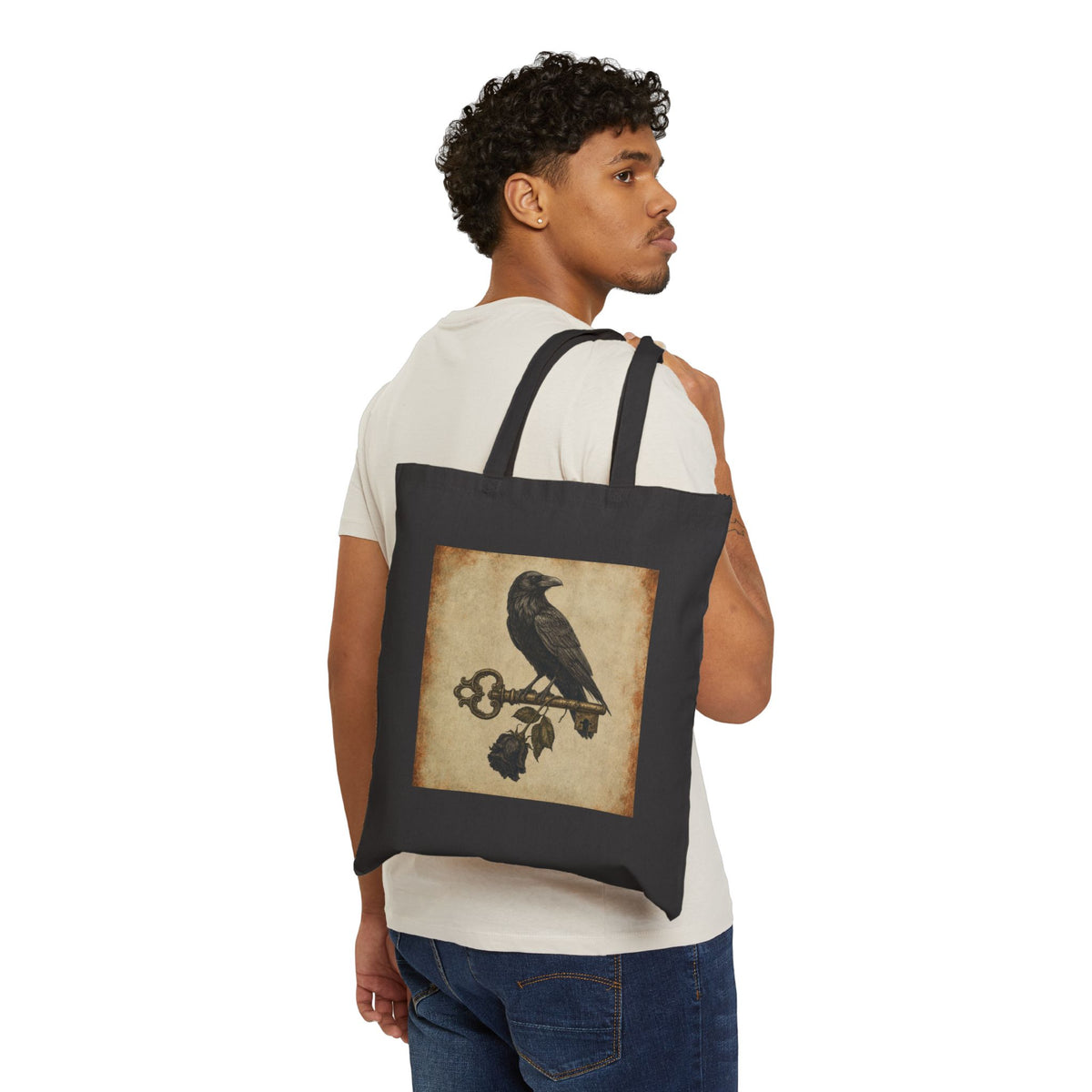 Vintage Raven Black Rose Tote Bag — Gothic Vintage Canvas Tote