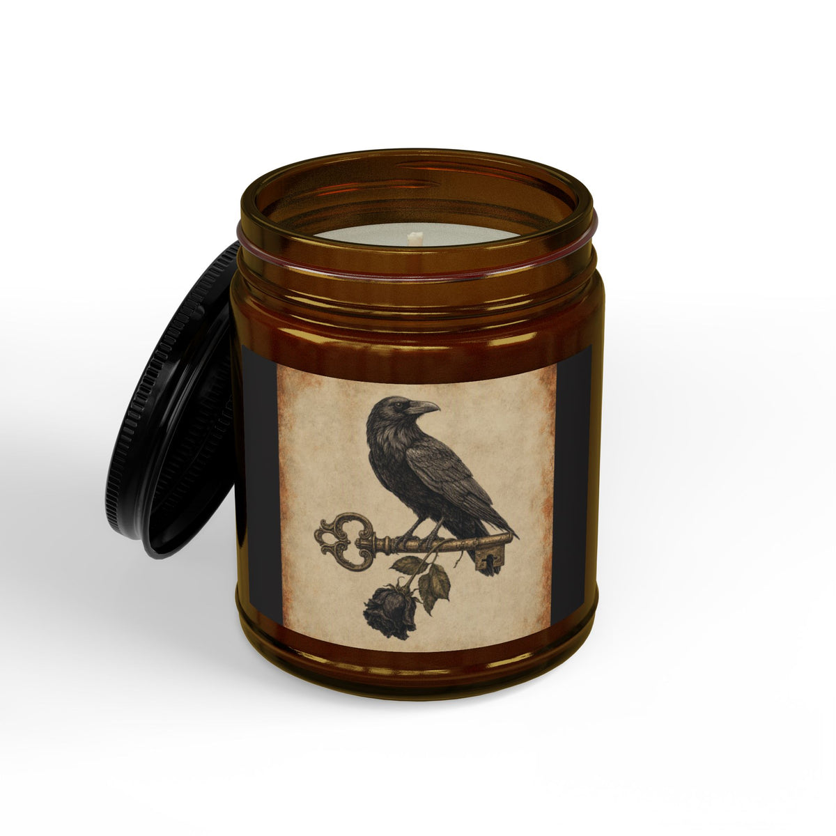 Raven & Skeleton Key Soy Candle – Gothic Vintage Amber Jar Candle 9 OZ Scented